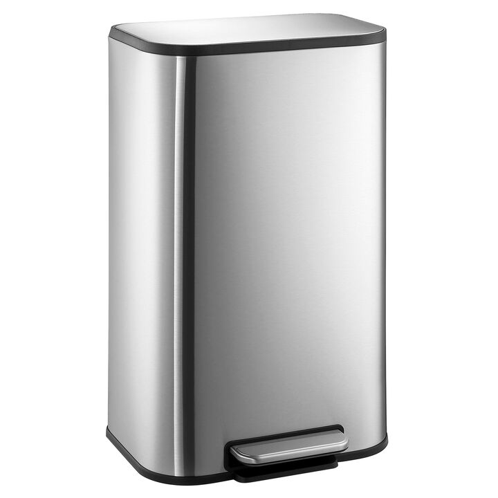 Stainless Steel Kitchen Trash Can, Soft Close Lid, Hands Free Pedal Design, Removable Inner Bucket, Odor Resistant Heavy Duty Rectangular Waste Bin