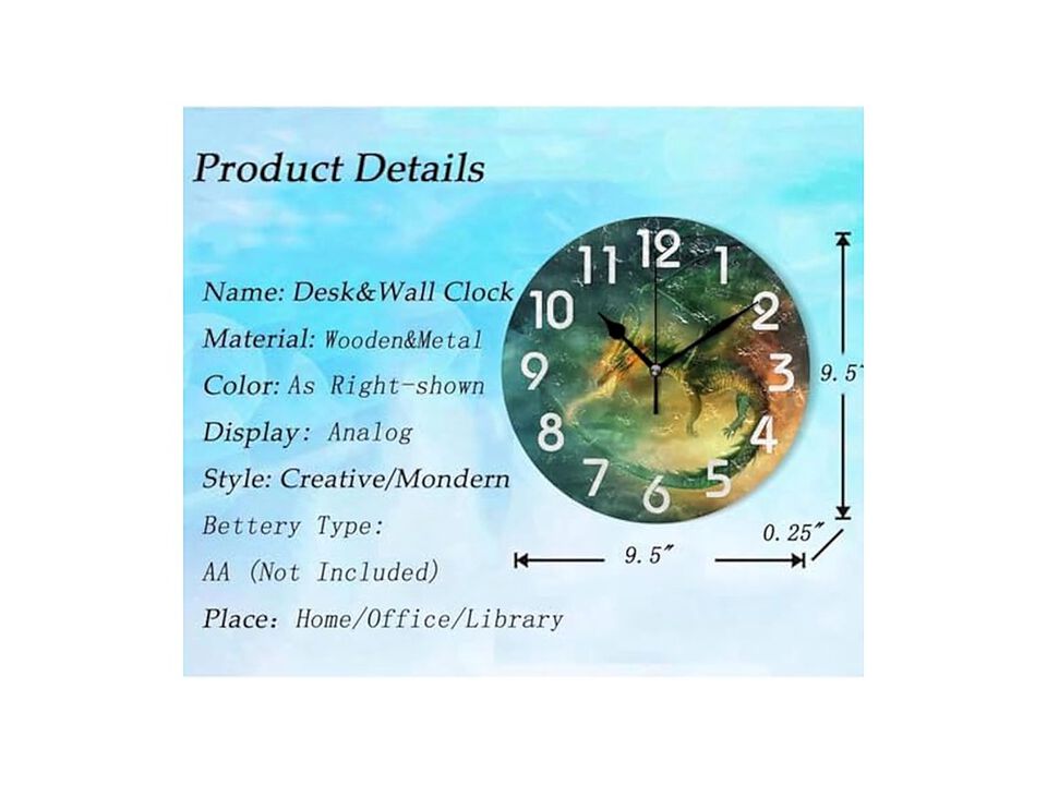 Pretty Fairy Sky Flying Green Dragon Wall Clock 10 Inch Silent Non Ticking