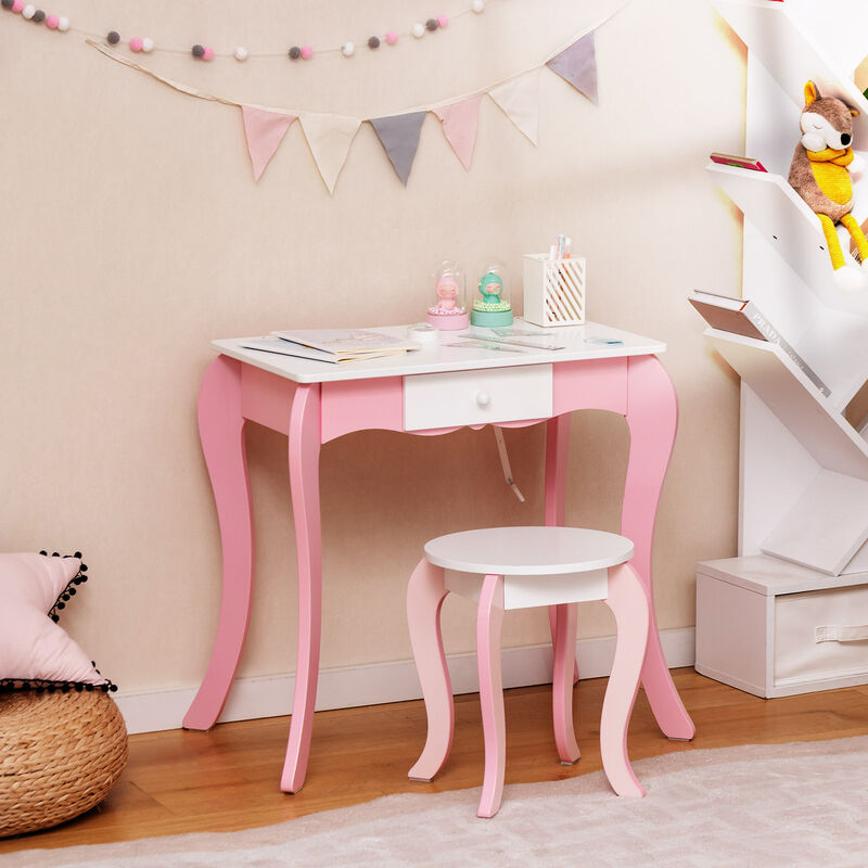 Kids Vanity Table and Stool Set with 360° Rotating Mirror and Whiteboard-Pink