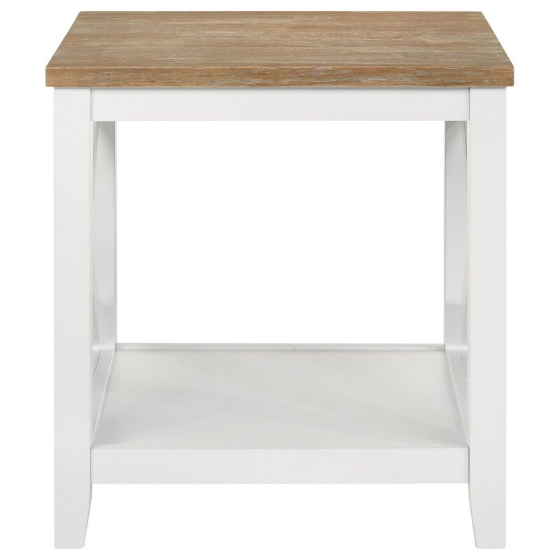 Maise 24 Inch Side End Table, Wire Brushed Wood Top, Brown and White - Benzara