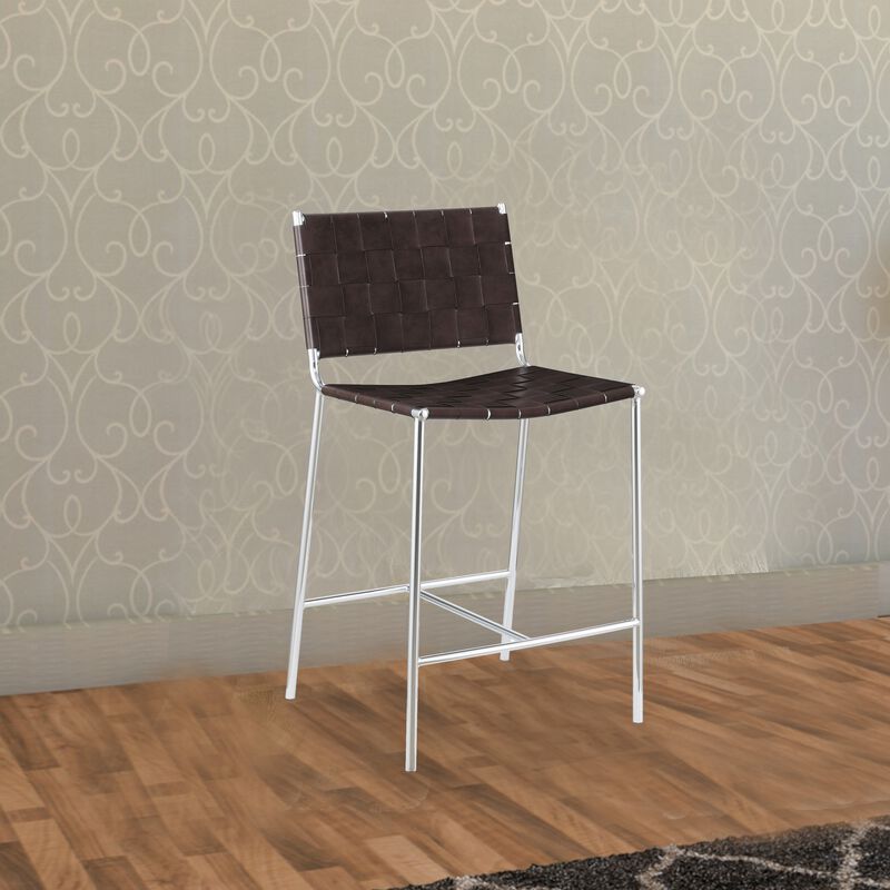 Anx 29 Inch Barstool, Chrome Metal Legs, Brown Faux Leather Band Weaving-Benzara image number 2