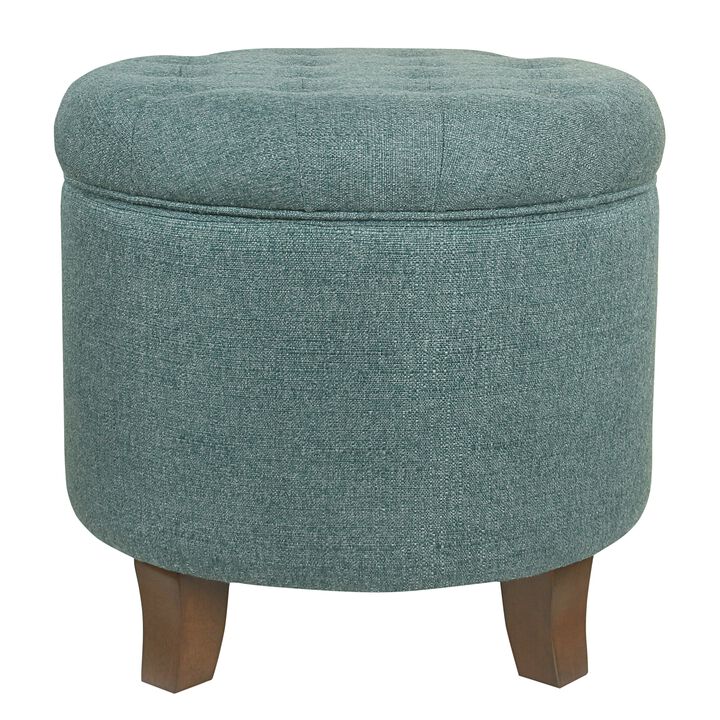 Button Tufted Fabric Upholstered Round Ottoman with Lift Top Storage, Teal Blue and Brown - Benzara