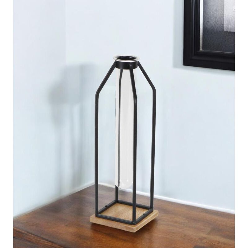 Hivvago 12 Inch Black Clear And Natural Metal Glass And Wood Posy Test Tube Table Vase