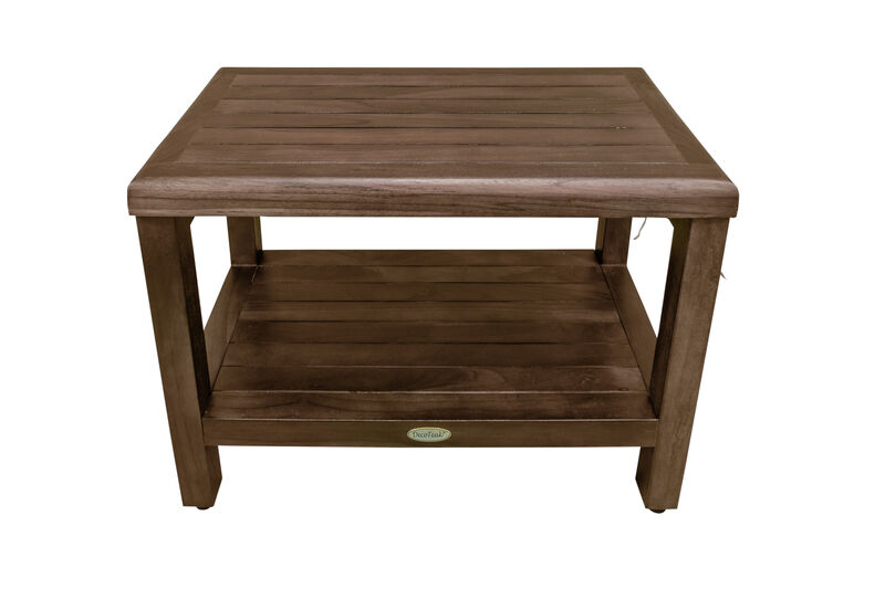 DecoTeak Eleganto 24" Teak Wood Shower Bench with Shelf in Woodland Brown Finish
