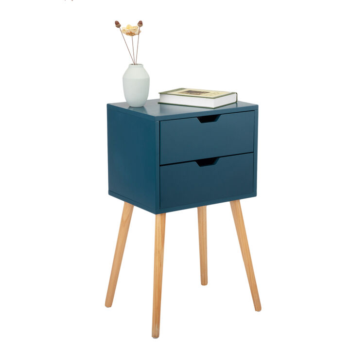 Set of 2 Nightstand with 2 Drawers, Mid Century Wood Bedside Table for Bedrooms Living Rooms, Sofa Side End Table, Blue