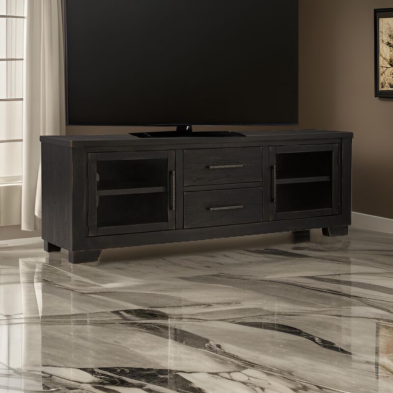 Galli Large TV Media Console, 2 Drawers, 4 Shelf, Black Wood, 80 Inch - Benzara