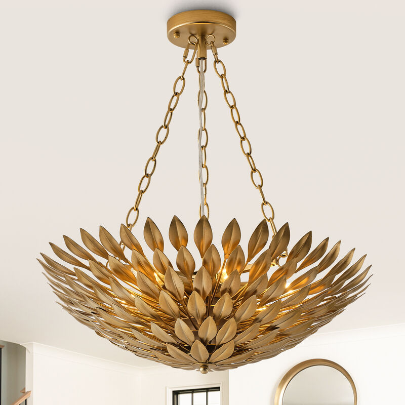 22" 6-Light Gold Modern Leaf Chandelier for Bedroom, Living Room, Entryway