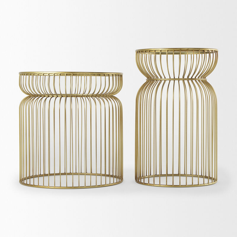 HomeRoots Set of Two Clear and Gold Tempered Glass and Metal Wire Round Drum End Tables image number 3