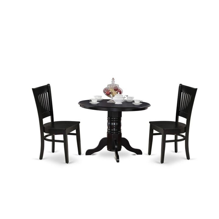 East West Furniture - SHVA3-BLK-W - 3-Piece Modern Dining Table Set- 2 Modern Chair and Kitchen Dining Table - Wooden Seat and Slatted Chair Back - Black Finish