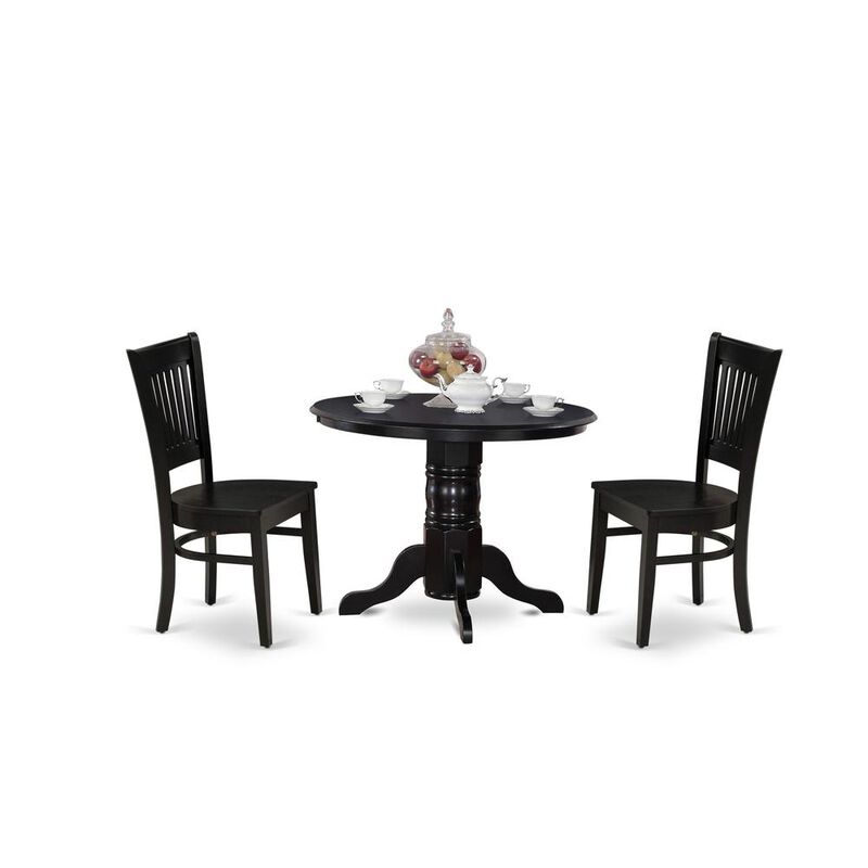 East West Furniture - SHVA3-BLK-W - 3-Piece Modern Dining Table Set- 2 Modern Chair and Kitchen Dining Table - Wooden Seat and Slatted Chair Back - Black Finish