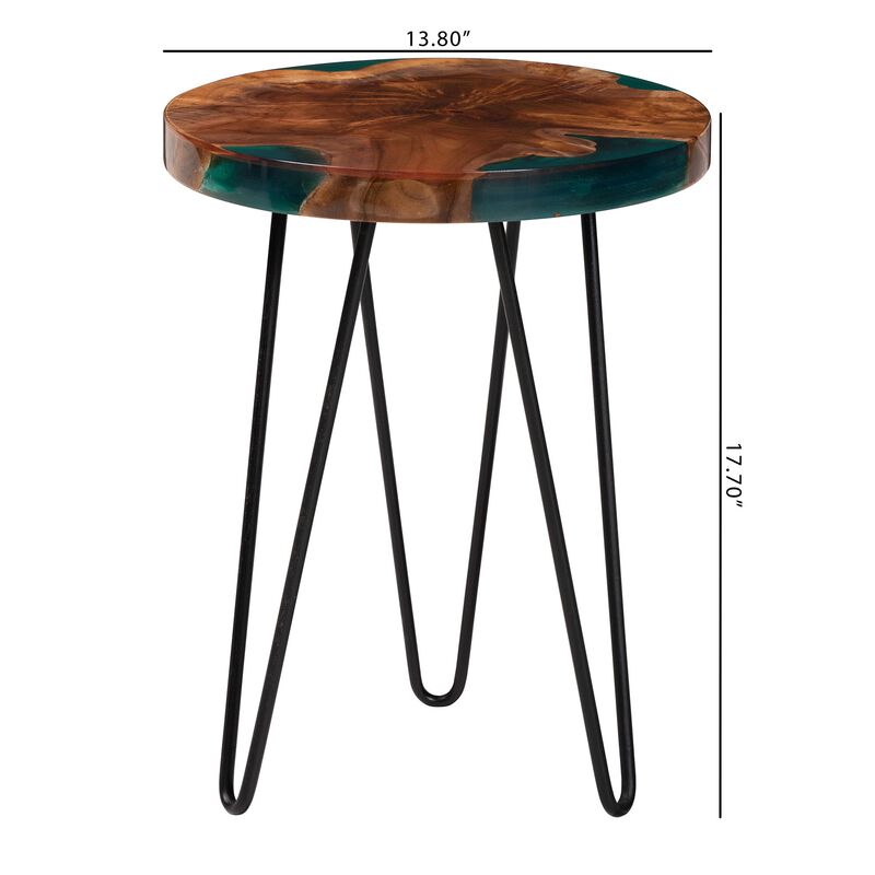 bali & pari Anan Teak Wood Epoxy Resin End Table - Round Live Edge Side Table with Black Metal Legs, Handcrafted Modern Rustic Accent Table for Living Room or Bedroom, Round