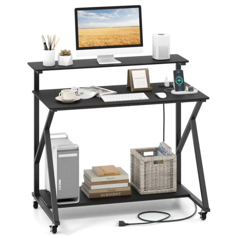 Rolling Computer Desk with Power Outlets, Monitor Shelf and Storage for Office And Home Use image number 3