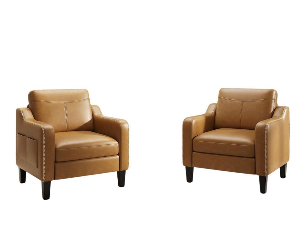 Set of 2 Accent Chairs &ndash; Brown PU Leather Mid‑Century Armchairs with Wood Frame