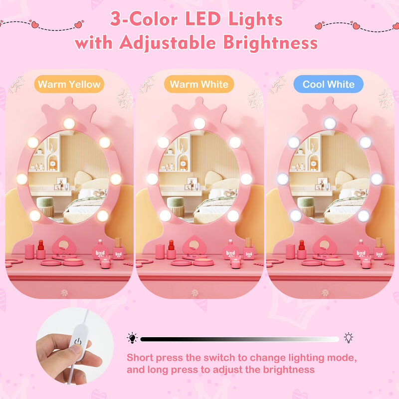 Kids Vanity Set with Lighted Mirror with Adjustable Brightness and Large Drawer
