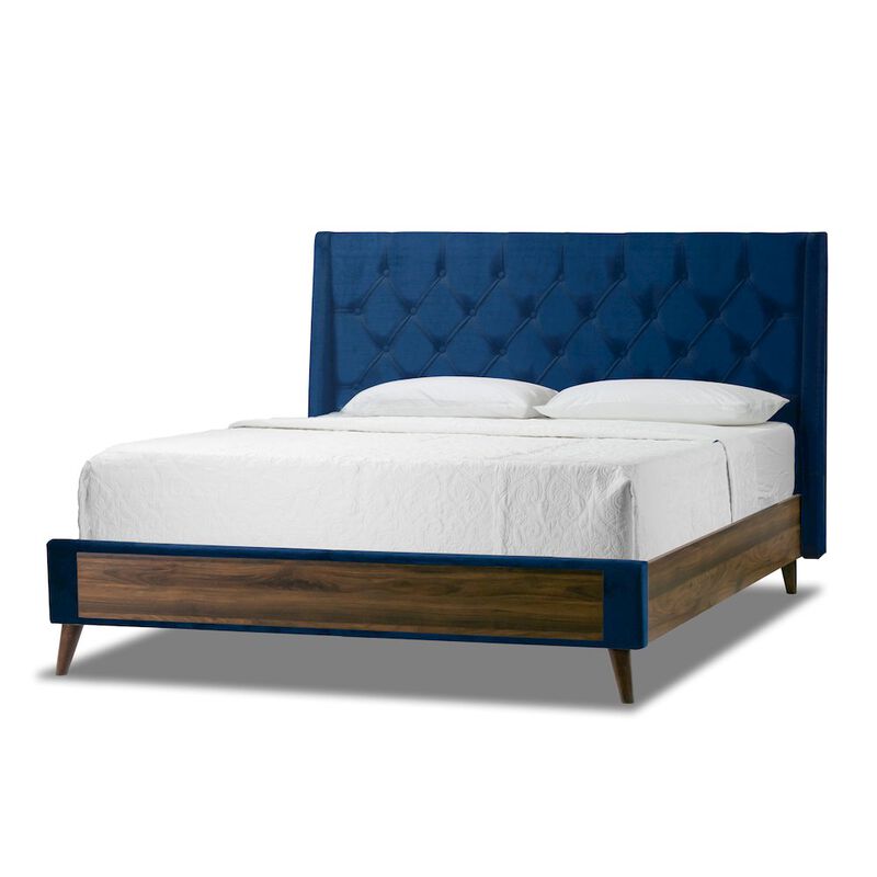 Glamour Home Arlo Navy Blue Velvet Queen Bed with Wings and Button Tufting