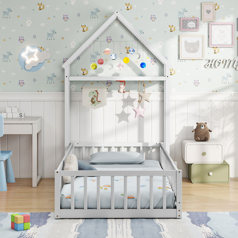 House Floor Bed with House-Shaped Headboard, Fun Kids&rsquo; Bed for Bedroom Decor