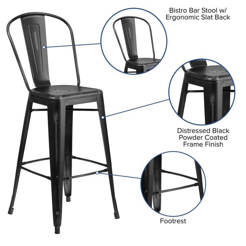 Flash Furniture Commercial Grade 30" High Distressed Black Metal Indoor-Outdoor Barstool with Back