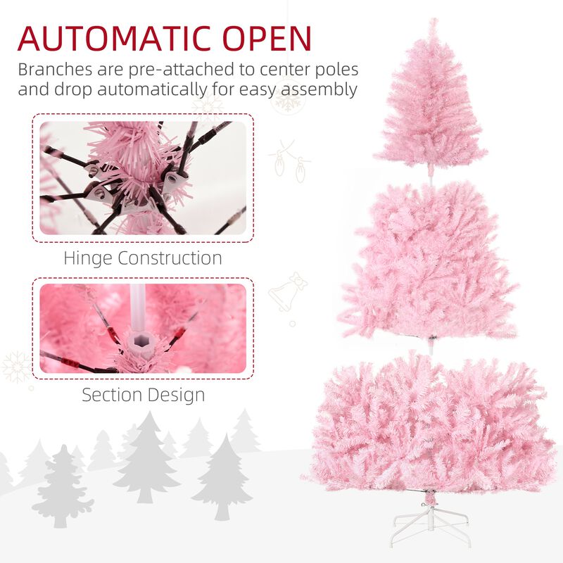 HOMCOM 7' Artificial Christmas Tree with Auto Open, Wide Shape, Pink