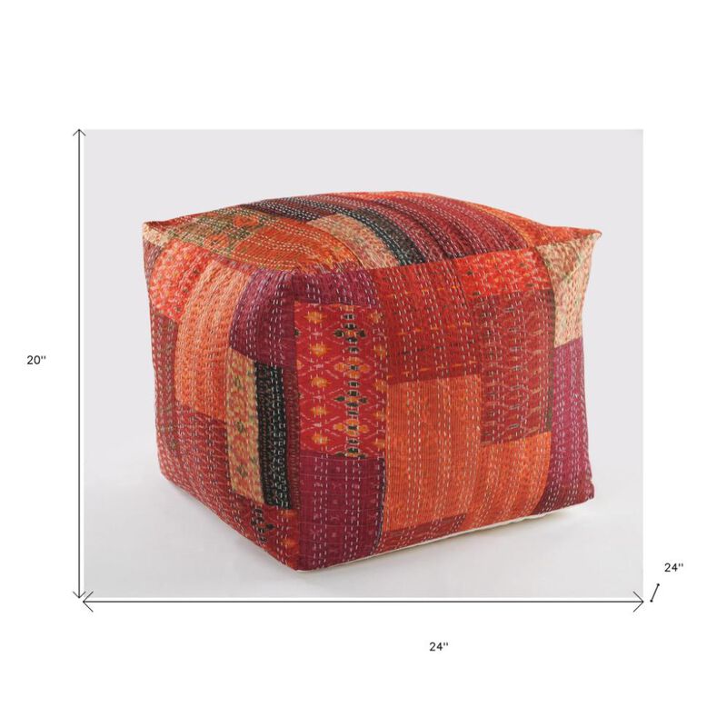 Hivvago 24 Inch Red Patchwork Pouf Ottoman