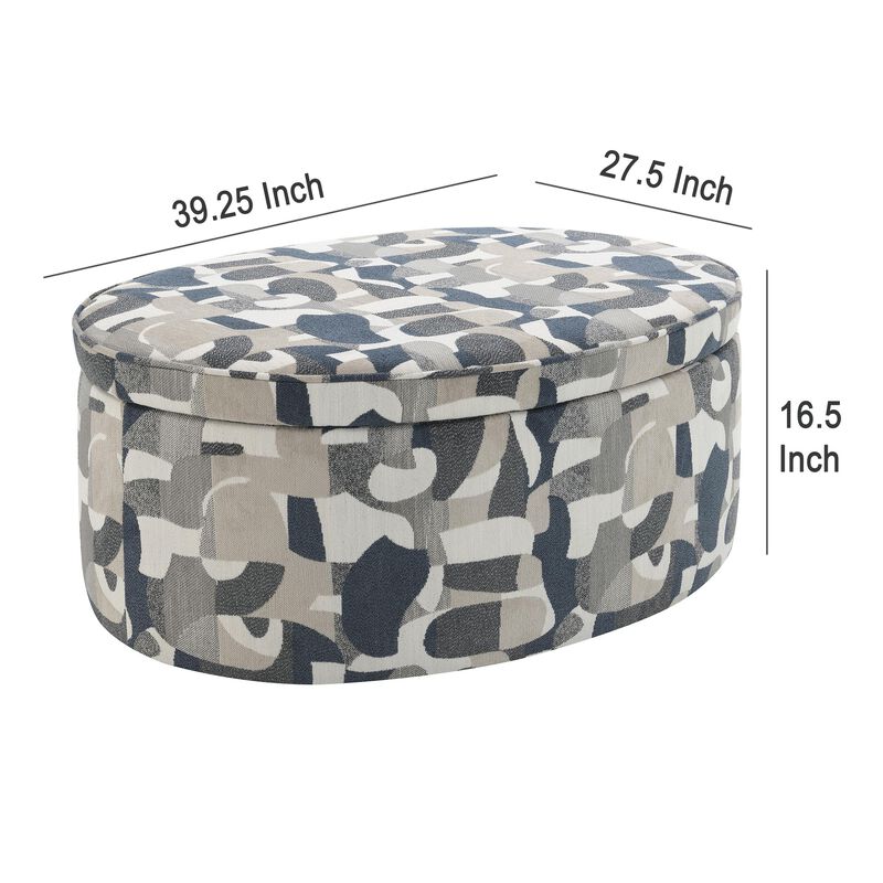 Kito Oval Accent Ottoman, 39 Inch, Hidden Storage, Patterned Fabric - Benzara