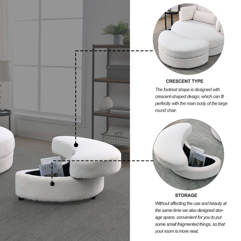 Swivel Accent Barrel Modern Sofa Lounge Club Big Round Chair with Storage Ottoman TEDDY Fabric for Living Room Hotel with Pillows. x2PCS, Teddy White (Ivory)