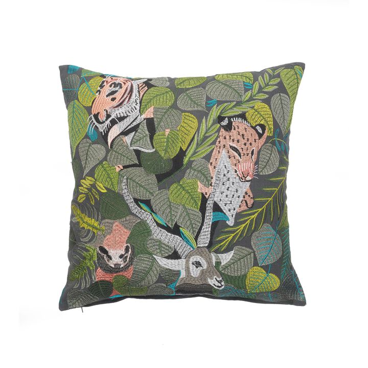 20" Gray and Green Jungle Scene Square Throw Pillow