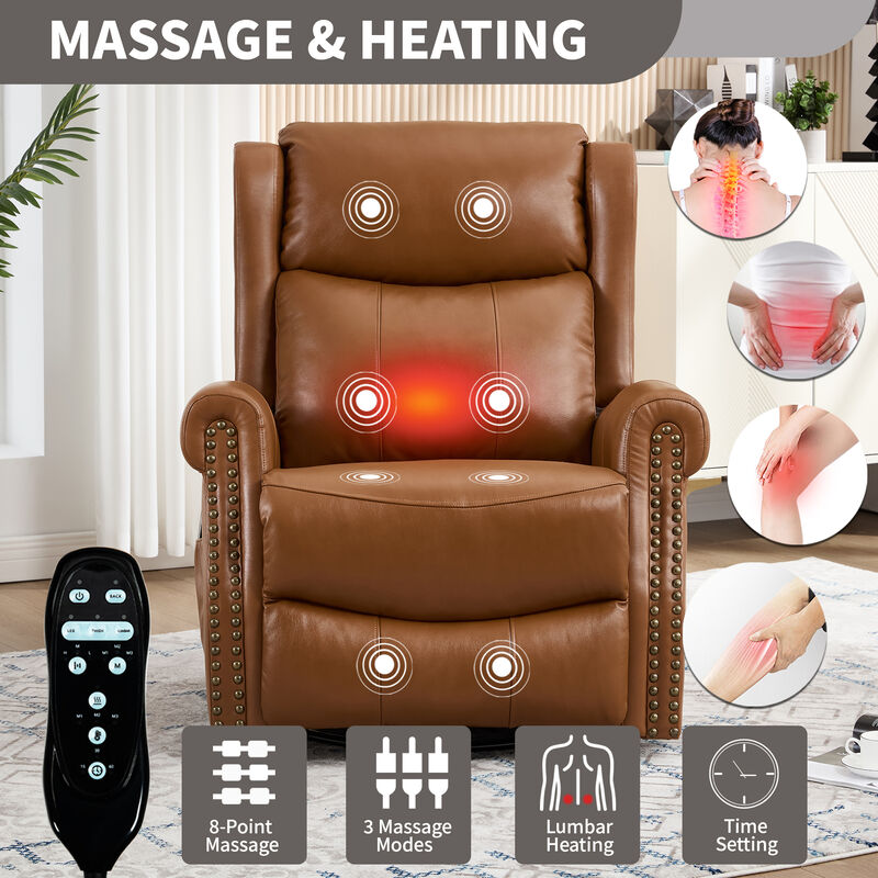 Genuine leather Heat Massage Manual Recliner Chair with Rocker and Swivel for Living Room image number 3