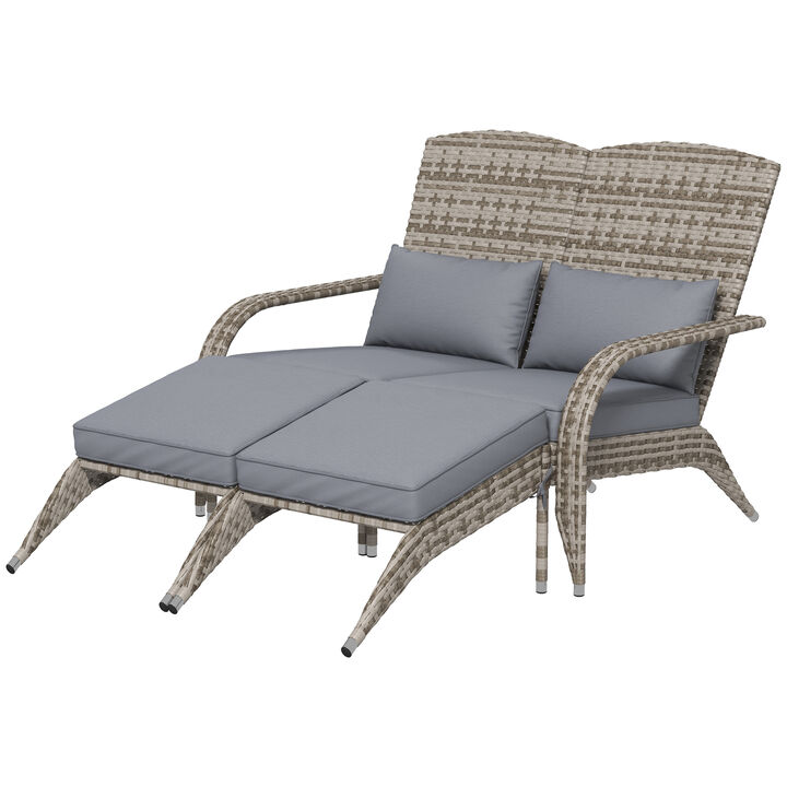 Outsunny Wicker Adirondack Chair for 2 with Cushions & Footrests, PE Rattan Fire Pit Chair for 2, Double Adirondack Patio Chair for Porch, Backyard, Garden with High-back, Wide Armrests, Gray