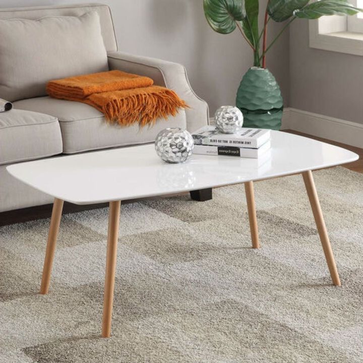 Hivvago White Top Mid-Century Coffee Table with Solid Wood Legs