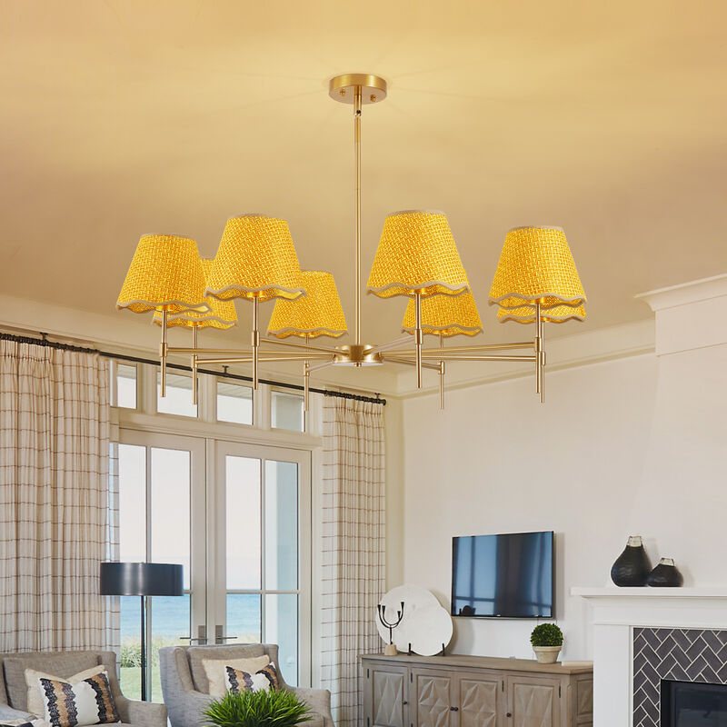 38.6" Adjustable Gold Chandelier &ndash; 8-Light Handwoven Rattan Pendant with E12 Base image number 2