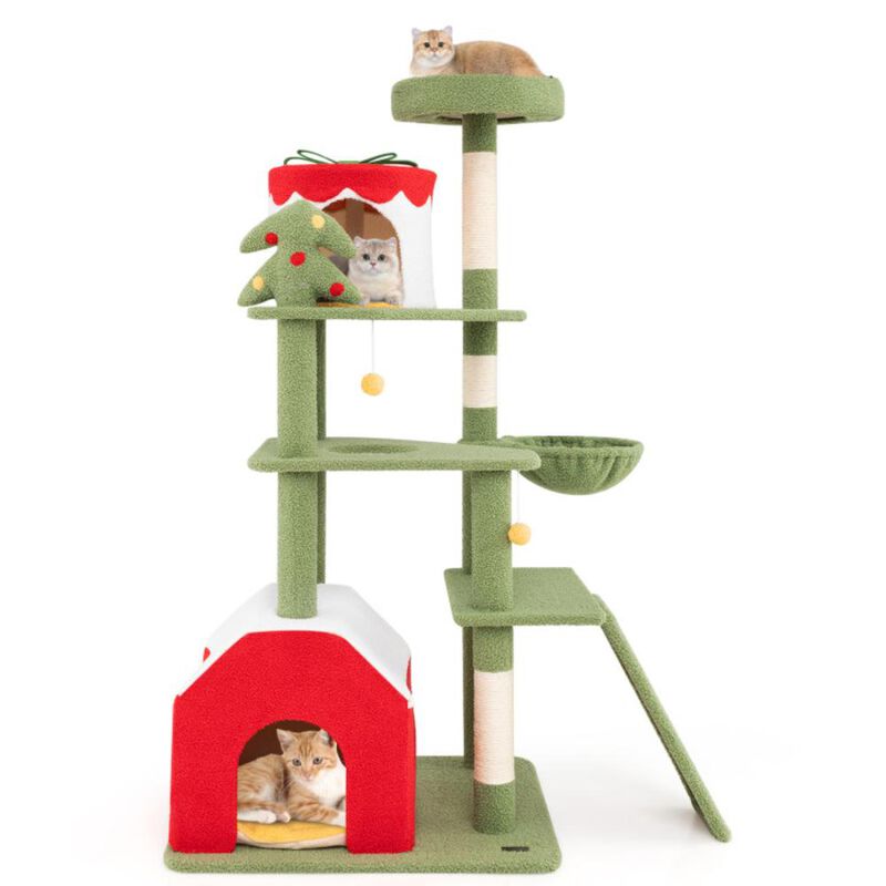 Hivvago 61 Inches Cute Christmas Cat Tree with Sisal Scratching Posts and 2 Condos