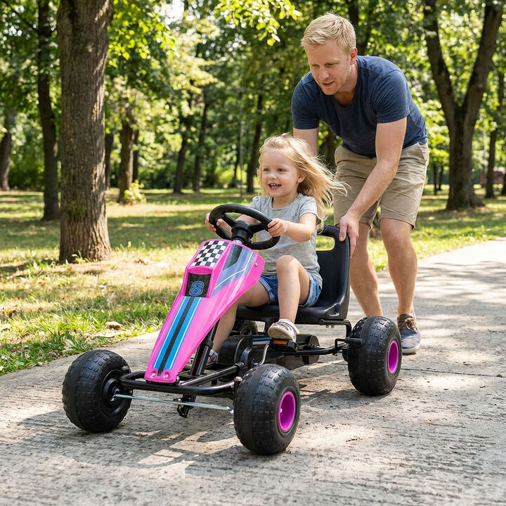 Kids 4 Wheel Pedal Go Kart with Steering Wheel and Safe Handbrake for Backyard