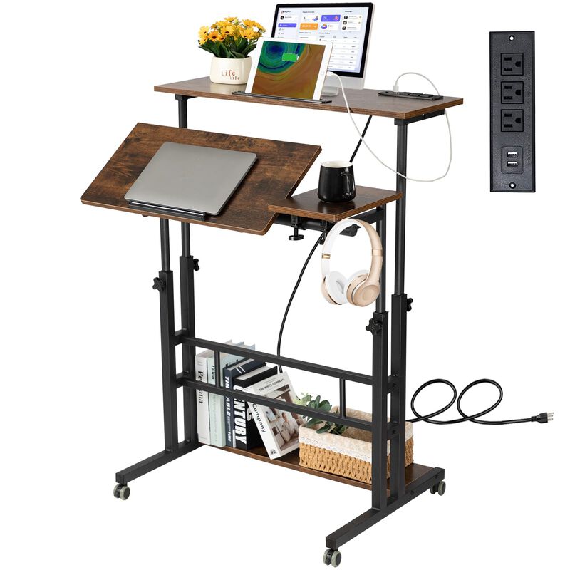 Hadulcet Mobile Standing Desk with Charging Station, Stand Up Laptop Desk Mobile Workstation for Home Office Classroom with Whee