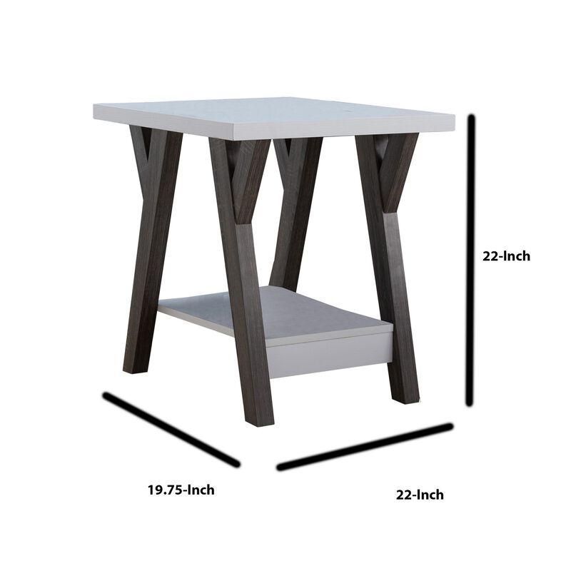 22 Inch Two Tone End Table with Bottom Shelf, White and Gray-Benzara