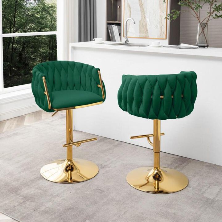 Best Quality Furniture Vlevet Upholstered barstool in Emerald Green with a gold color base (SET OF 2)