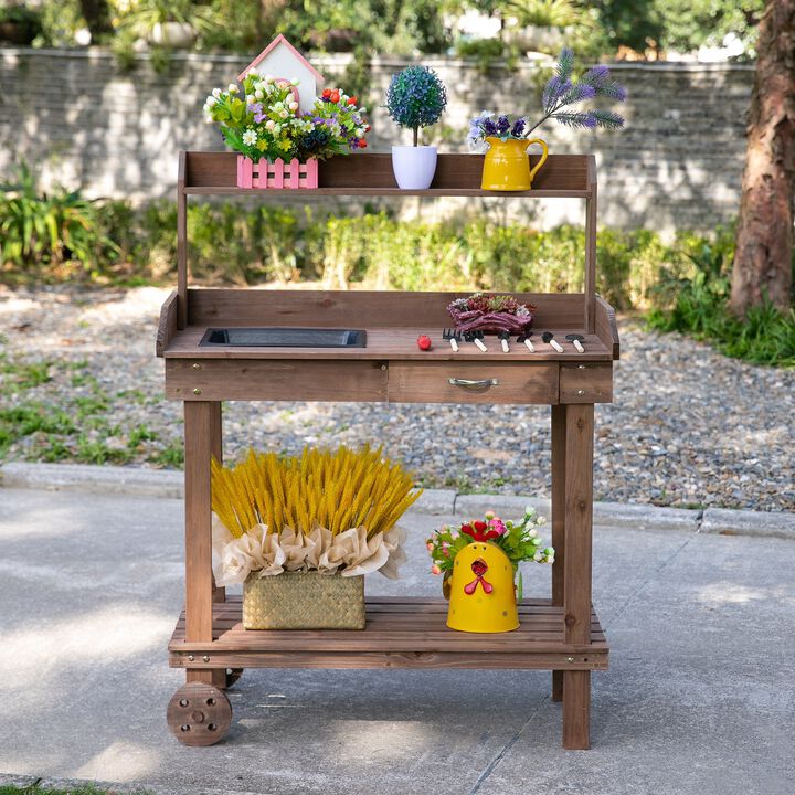 Brown Garden Helper: Wheeled Potting Bench with Sink and Drawer