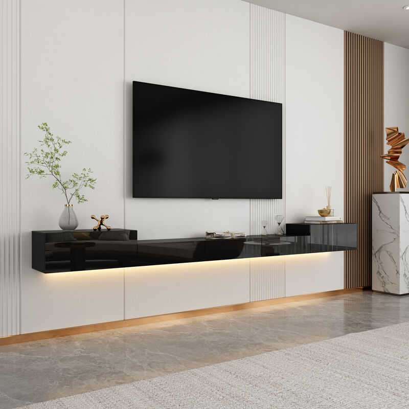 Black Mirror Finished TV Stand Wall-Mounted Entertainment Center Fits TV's up to 110.2 in. with 4 Drawers for Storage
