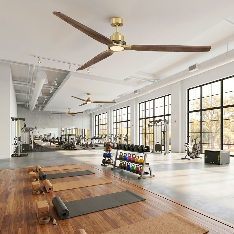 84" Natural Brass Solid Wood Mid Century Modern Dimmable LED 6 Speed Extra Large Ceiling Fan with Light and Remote image number 3
