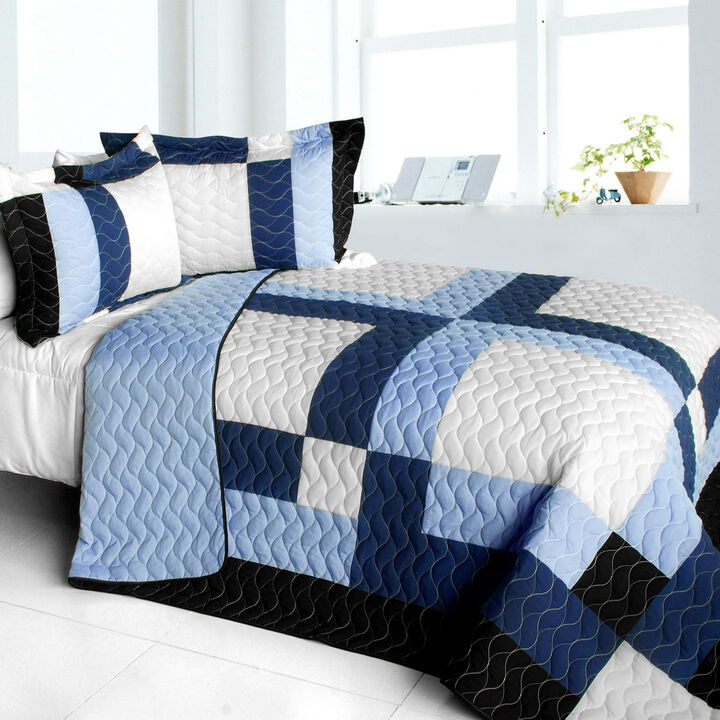 3 Piece Queen Patchwork Quilt Set Vermicelli Quilted Cozy Decorative Bedspread Set
