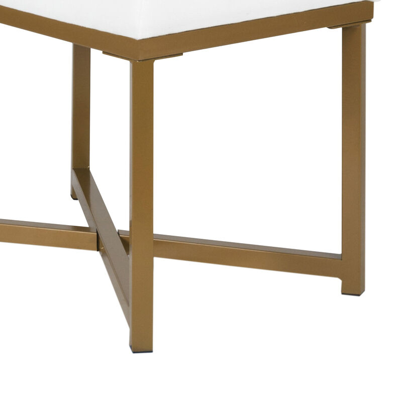 Metal Framed Bench with Button Tufted Velvet Upholstered Seat, White and Gold