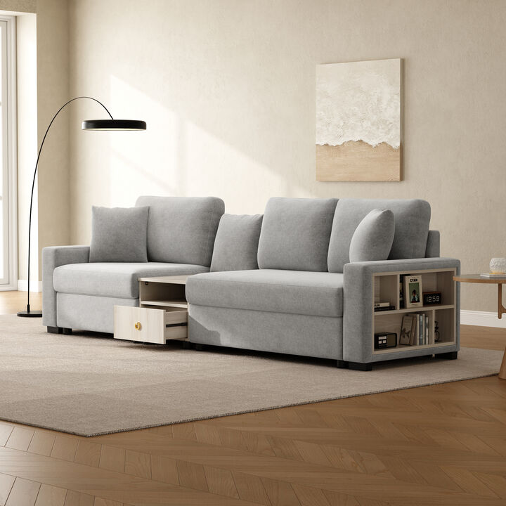 Merax Functional Chenille Sofa with Storage Armrest & Center Console