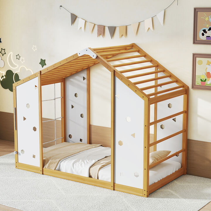 2-in-1 Twin Floor Bed with Monkey Bars &ndash; Montessori Climbing Bed, Natural & White