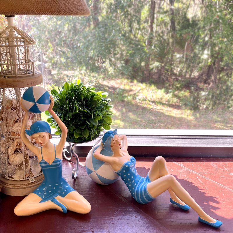 Set 2 Beach Beauties Figurines Aegean Blue Polka Dot Beachball Sunbathing Decor image number 5