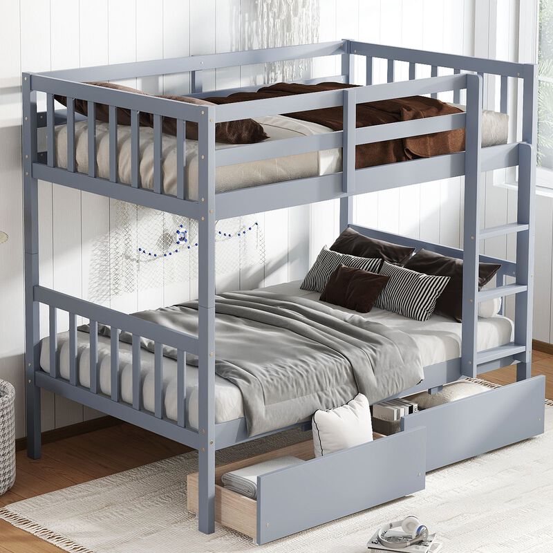 Whisen Convertible Twin Over Twin Rubber Wood Bunk Bed with 2 Drawers, Ladder and Safety Guardrails