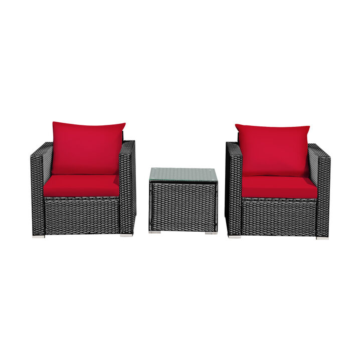 3 Pcs Patio Conversation Rattan Furniture Set with Cushion