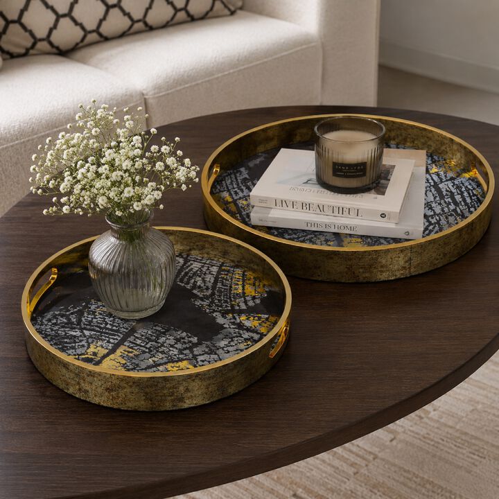 Archy Round Tray, Set of 2, Abstract Patterns, Black-Gold Polyurethane