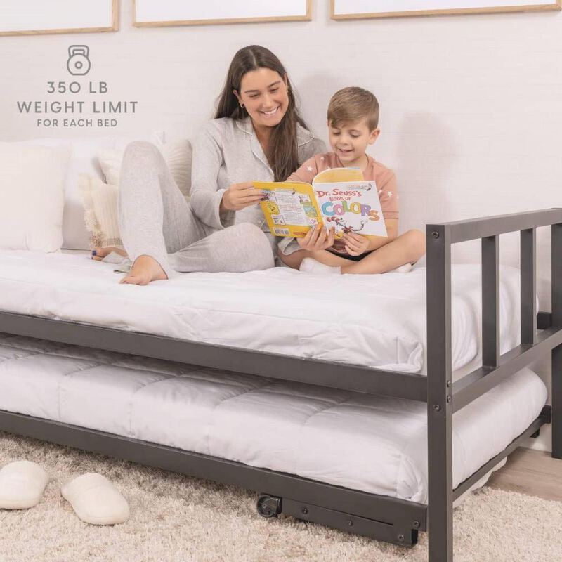 Hivvago Twin Heavy Duty Black Metal Daybed Frame with Roll-Out Pop-Up Trundle Bed Frame