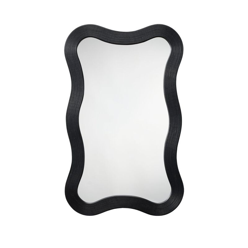 Lery Wall Mirror, 38 Inch Wavy Frame, Boho Style Black Natural Bamboo - Benzara