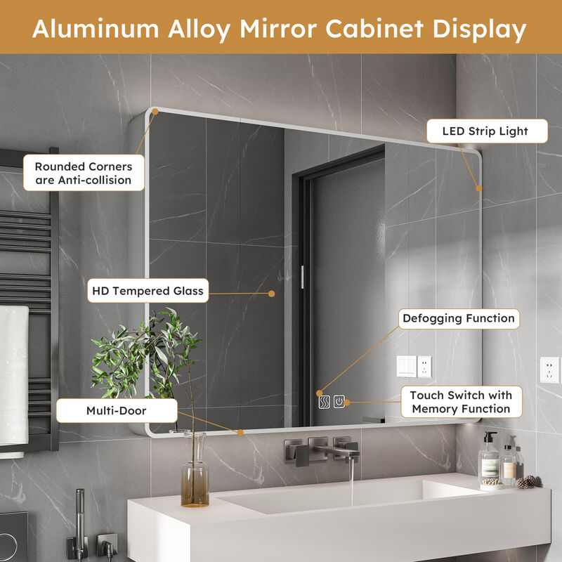 ELEMENT ACE Aluminum Medicine Cabinet Mirror with LED Lighting and Defogging Function - 35x28 Inch Bathroom Storage Solution image number 7