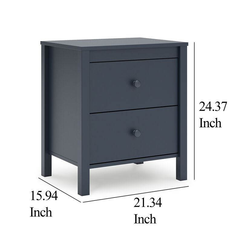 Cian Nightstand, 2 Drawers, Navy Blue Wood, Knob Handles, 24 Inch - Benzara